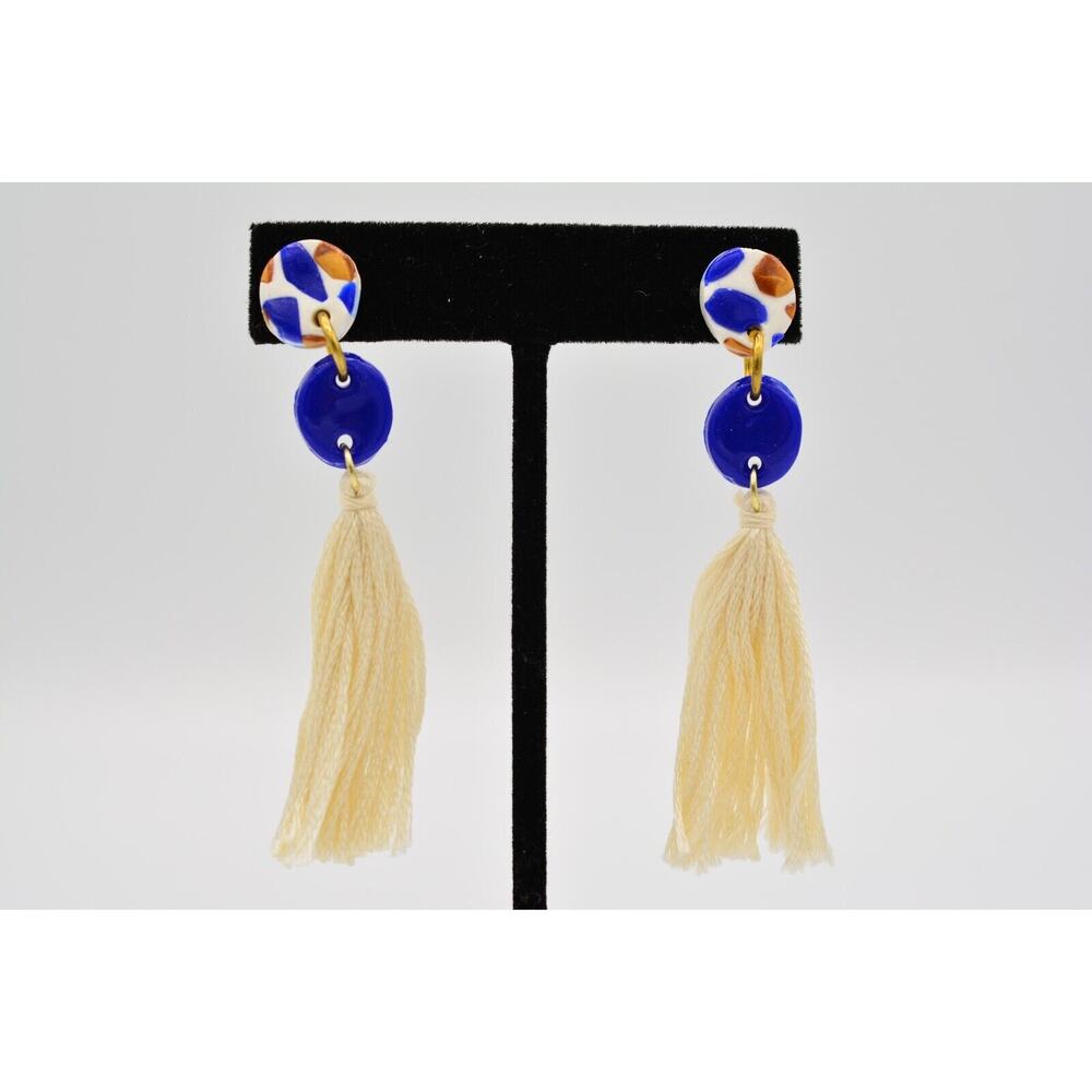 Funky Boho Statement Earrings Dangle Tassel Thread Blue White Gold Lucite Summer